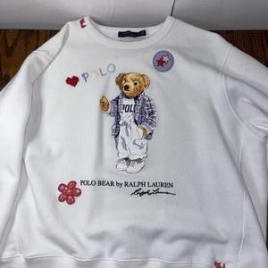 Polo Ralph Lauren Womens XL Patchwork Polo Bear Pullover Sweatshirt Fleece Insid